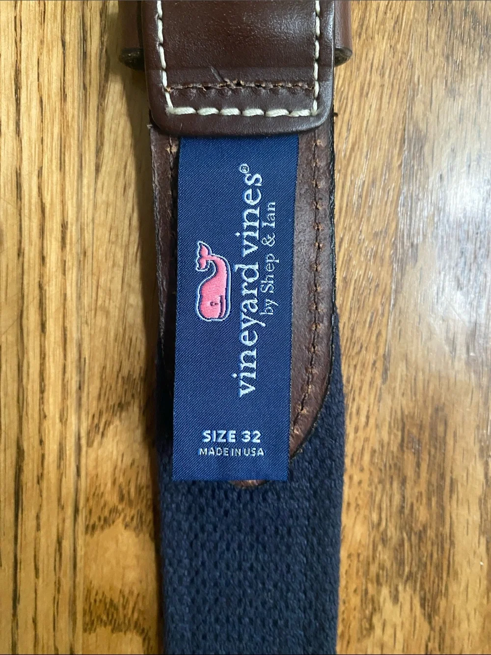 NWOT Men's Vinyard Vines belt brass brown leather trim canvass rowing size 32
